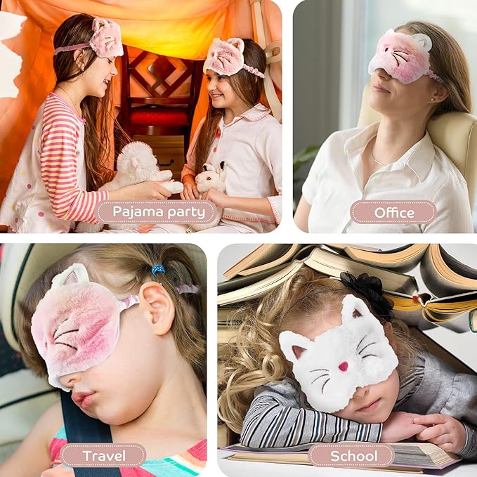 Geyoga 3 Pcs Sleep Mask for Kids, Girls Plush Sleeping Eye Cover Soft Eye Blindfold Cover Animal Shade for Kids(White, Pink and Rainbow Color,Cat Style)