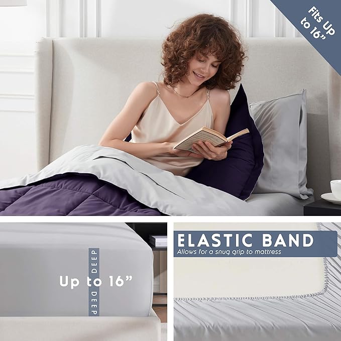 Nestl 7 Piece Twin Comforter Set – Purple Reversible Bed in a Bag – Complete Twin Size Bedding Set with Sheets, Set of 2 Down Alternative Pillows, Pillowcase and Sham