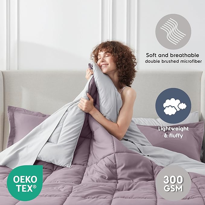 Nestl 9 Piece California King Comforter Set – Dusty Purple Reversible Bed in a Bag – Complete Cal King Size Bedding Set with Sheets, Set of 2 Down Alternative Pillows, Pillowcases and Shams
