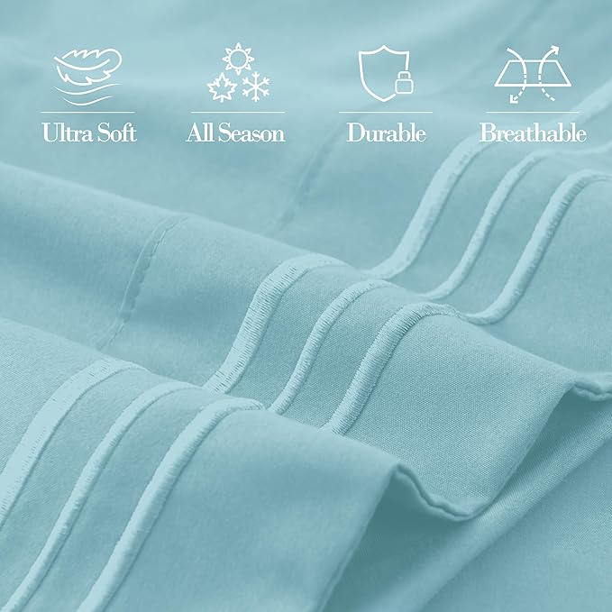 Mocassi 2-Piece Premium Standard/Queen Pillowcase Set 1800 Series Hotel Quality Microfiber - Soft and Breathable with 3-Line Embroidery Wrinkle and Stain Resistant, Easy Care, 20" x 30", Aqua Blue