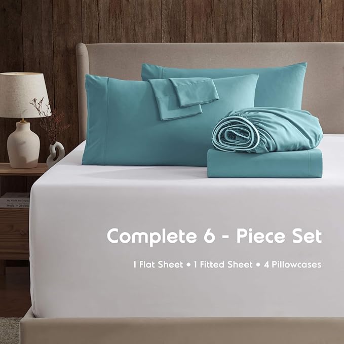 Nestl Extra Deep Full Sheet Set - 6 Piece Breathable & Cooling Sheets - Hotel Luxury Bedding Set w/18-24 Inch Deep Pockets - Easy & Secure Fit - Super Soft, Wrinkle Free & Comfy - Teal