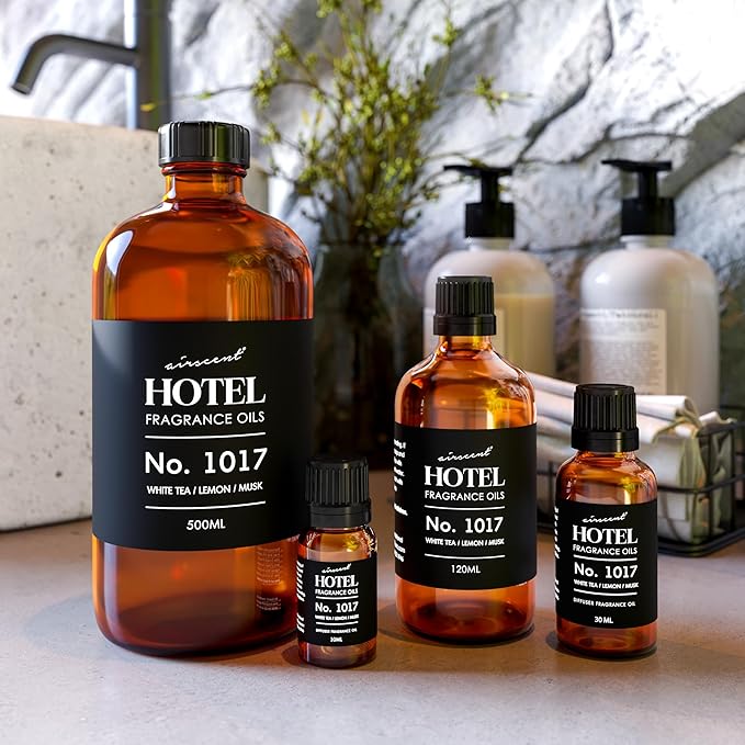 AirScent Hotel Diffuser Oil No. 1017 - White Tea Lemon Cedar Wood - Hotel Scent Dupe - Premium Fragrance Oil for Ultrasonic and Waterless Diffusers and Crafting - 500 mL, 16.9 fl oz Glass Bottle