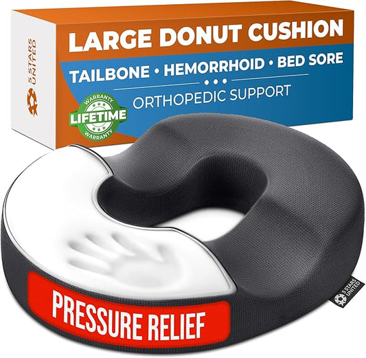 5 STARS UNITED Donut Pillow Hemorrhoid Tailbone Cushion – Large Floor Cushion for Pain Relief – Coccyx, Prostate, Sciatica, Pelvic Floor, Pressure Sores, Pregnancy, Postpartum Recovery, Dark Gray