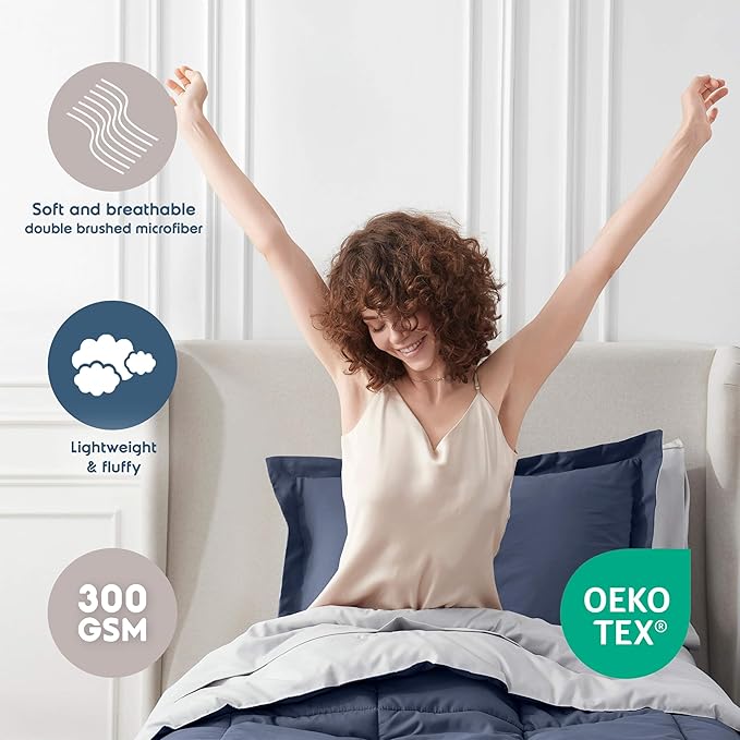Nestl 7 Piece Twin XL Comforter Set – Navy Reversible Bed in a Bag – Complete Twin XL Size Bedding Set with Sheets, Set of 2 Down Alternative Pillows, Pillowcase and Sham