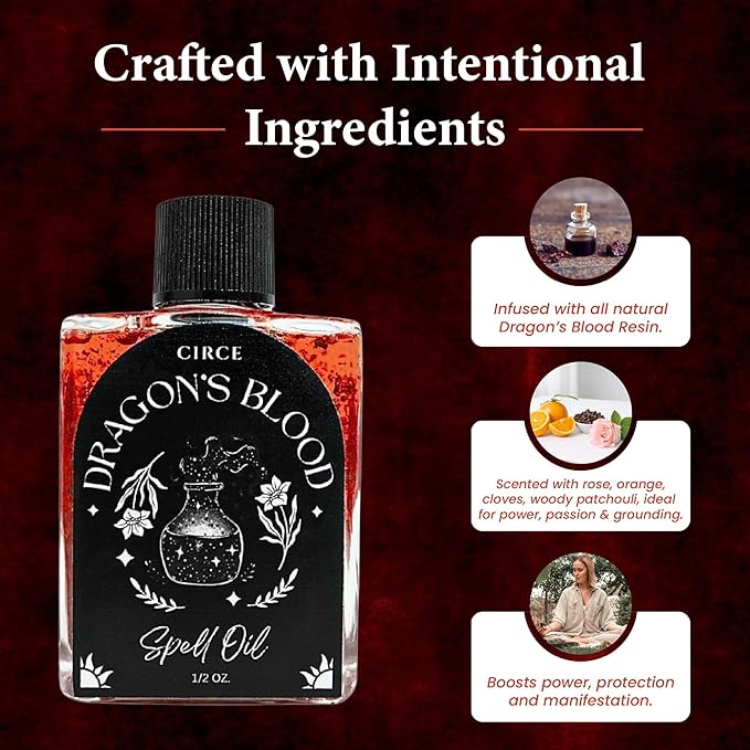 CIRCE Dragon’s Blood Spell Oil- Ritual & Intention Oil to Strengthen Your Space, Grounding & Personal Alignment, Wear as Fragrance or Add to Bath - Coconut Oil with Dragon’s Blood Resin & Cedar 1/2 oz