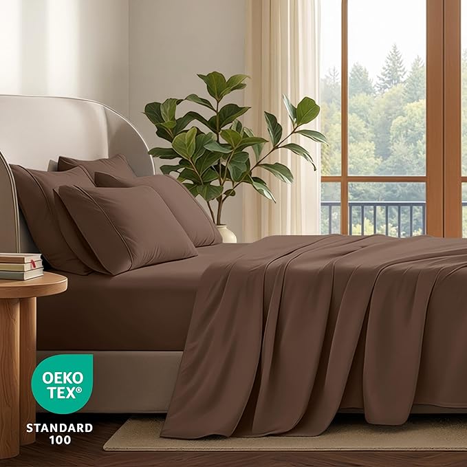 Bare Home Hotel Luxury Full XL Sheet Set, Extra Soft - 6 Piece Set - Deep Pockets - Easy Fit - Cooling & Breathable - Wrinkle, Fade, Stain Resistant - Includes 4 Pillowcases (Full XL, Cocoa)