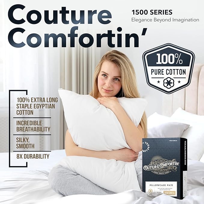 TEXAS LINEN CO. 100% Egyptian Cotton Pillow Cases King Size Set of 4 - Luxury 1500 Series Couture Comfortin' Collection Cotton Pillowcases (2 Pair, Light Blue), Breathable Hotel Sateen Pillowcases