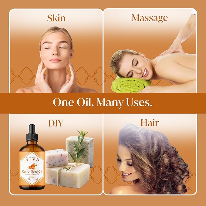 Siva Carrot Seed Oil 4oz (118ml) Premium Cold-Pressed 100% Natural Carrier Oil with Dropper for Face, Skin Care, Body Massage, Hair Care, Hair Oiling & Scalp Massage