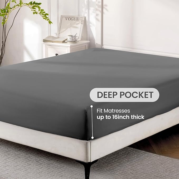 ROSE&RISY Dark Grey Queen Sheet Set, 4 Pieces Soft Bedding Queen Sheet Set, Breathable and Cooling,Includes 1 Fitted, 1 Flat, 2 Pillow Cases - Deep Pocket(Dark Grey, Queen)