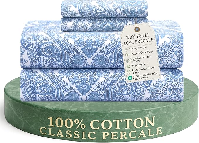 Feather & Stitch Softest 100% Cotton Sheets, 300 Thread Count Percale Weave Bedding, 16" Deep Pocket, Cooling Sheets, Breathable Bed Set, Hotel Premium Quality (Twin, Blue Paisley)