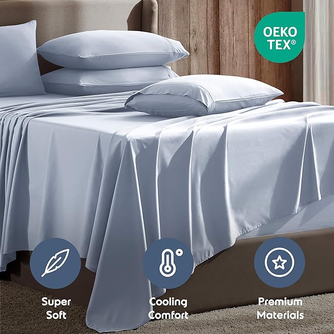 Nestl Extra Deep Twin Sheet Set - 4 Piece Breathable & Cooling Sheets - Hotel Luxury Bedding Set w/18-24 Inch Deep Pockets - Easy & Secure Fit - Super Soft, Wrinkle Free & Comfy - Ice Blue