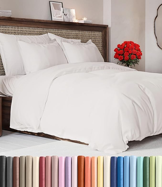 Duvet Cover Cal King Size Set - Extra Soft Cal King Duvet Cover 104" x 98" with 2 Pillow Sham - Hotel Luxury, Easy Care, Fade Free w/ Zipper Closures & Ties - Comfy, Cozy & Breathable (Antique White)