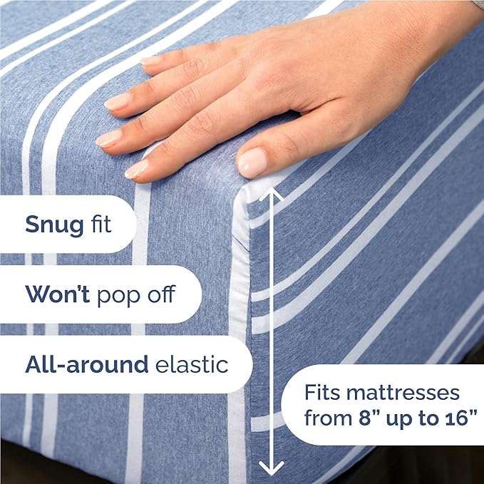 Full 6 Piece Sheet Set - Comfy, Breathable & Cooling - Soft Hotel Luxury Bedding for Women, Men, Kids, Teens and Children - 1 Flat & 1 Fitted Sheet & 4 Pillowcases with Deep Pockets - Blue Stripes 3