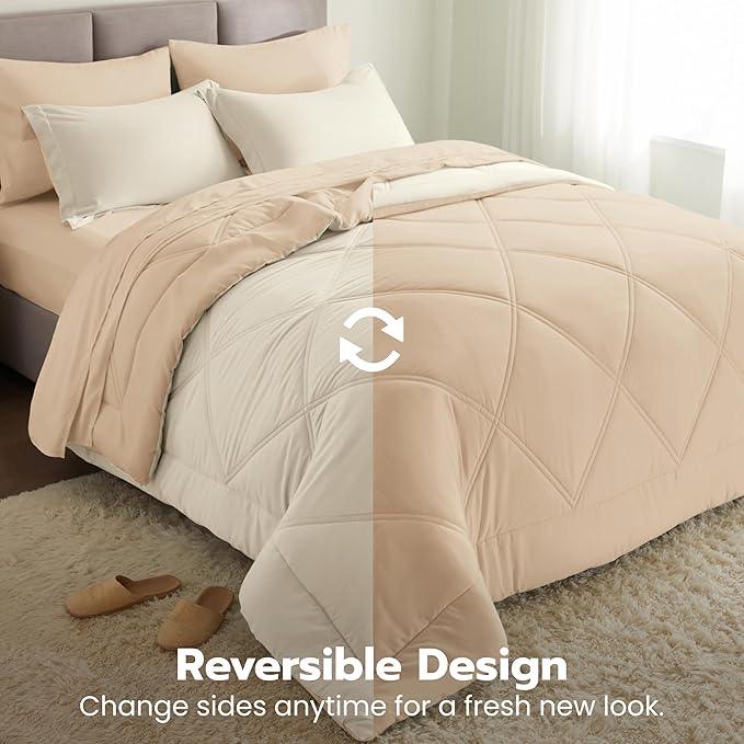 Joiedomi Queen Comforter Set with Sheets Beige, 7 Pieces Queen Bed Set with 1 Down Alternative Comforter, 1 Flat Sheet, 1 Fitted Sheet, 2 Pillowcases and 2 Pillow Shams, Bed in a Bag for All Seasons