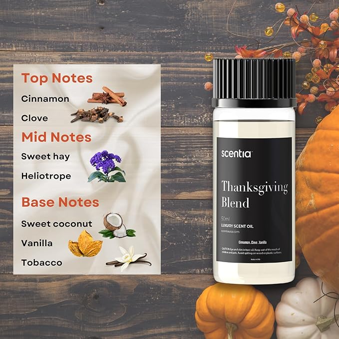 Scentia Thanksgiving Blend Essential Oil – 50 ml Holiday Aromatherapy with Cinnamon, Clove, Vanilla & Coconut | Fall Diffuser Oil for Home, Gifting, Candles & DIY Soaps