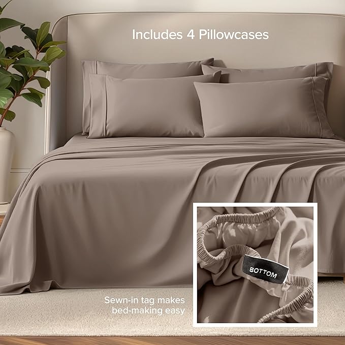 Bare Home Hotel Luxury Queen Sheet Set, Extra Soft - 6 Piece Set - Deep Pockets - Easy Fit - Cooling & Breathable - Wrinkle, Fade, Stain Resistant - Includes 4 Pillowcases (Queen, Taupe)