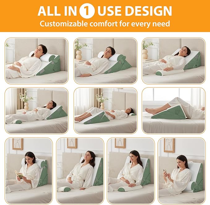Ruqmuis 3PCS Wedge Pillow Set for After Surgery, Adjustable 9&12 Inch Bed Wedge Pillow for Sleeping, Incline Pillow Wedge for Headboard, Post Surgery, Acid Reflux, Neck&Back Support, Green