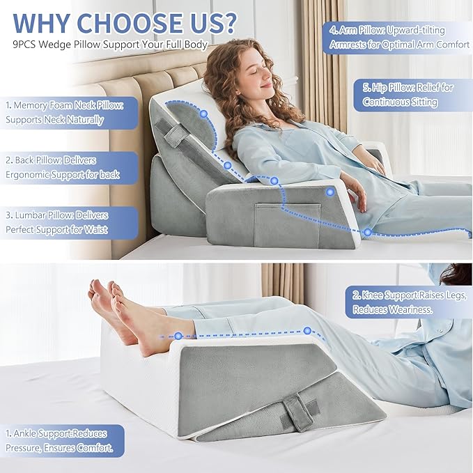 Yojoker Orthopedic Bed Wedge Pillow Set for Sleeping, Post Surgery Foam for Body, Back and Leg Pain Relief Comfortable & Adjustable Support Pillows-Anti Snoring, Heartburn (Gray, 9 Piece Set)