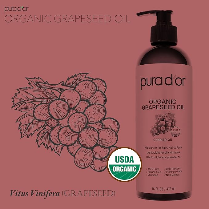 PURA D'OR ORGANIC Grapeseed Oil (16 Oz) 100% Pure & Natural USDA Certified Cold Pressed Carrier Oil - Light & Silky, Unscented, Hexane Free Liquid Moisturizer - Face Skin & Hair - Men & Women