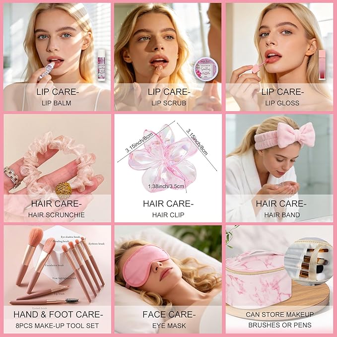 Camellia & Magnolia Facial Skin Care Set, 27 Pcs Bath & Body Spa Basket for Women, Beauty Care Kit, Makeup Bag, Face Serum, Perfume, Christmas, Mother Day, Valentine's, Birthday, Bridal Shower