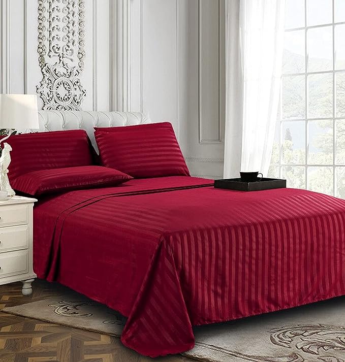 Elegant Comfort Softest and Coziest 4-Piece Sheet Set - 1500 Premium Hotel Quality Microfiber - Luxurious Wrinkle Resistant 4-Piece Damask Stripe Bed Sheet Set, Twin, Burgundy