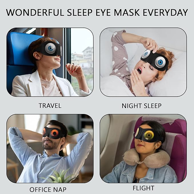 Sleep Eye Mask for Men Women Kids Funny 3D Sleeping Mask Adjustable Strap 2 Pack Eye Shade Cover for Travel, Black(Assorted B)