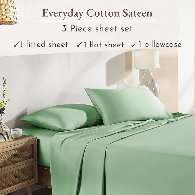 California Design Den 12" Pocket Sheets Twin Size Bed Set - Natural 100% Cotton Bed Sheets, Soft Sateen Weave, All Around Elastic, Breathable and Durable Bedding - Frosty Green