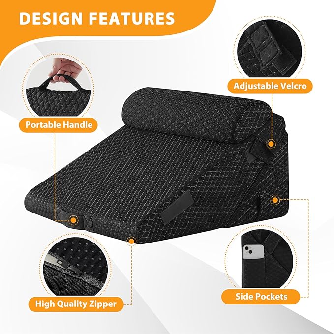 Ruqmuis 3PCS Wedge Pillow Set for After Surgery, Adjustable 9&12 Inch Bed Wedge Pillow for Sleeping, Incline Pillow Wedge for Headboard, Post Surgery, Acid Reflux, Neck&Back Support, Plush Black