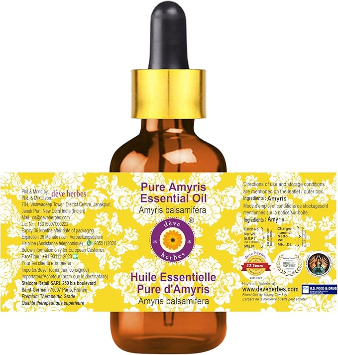Deve Herbes Pure Amyris Essential Oil (Amyris balsamifera) with Glass Dropper Steam Distilled 5ml (0.16 oz)