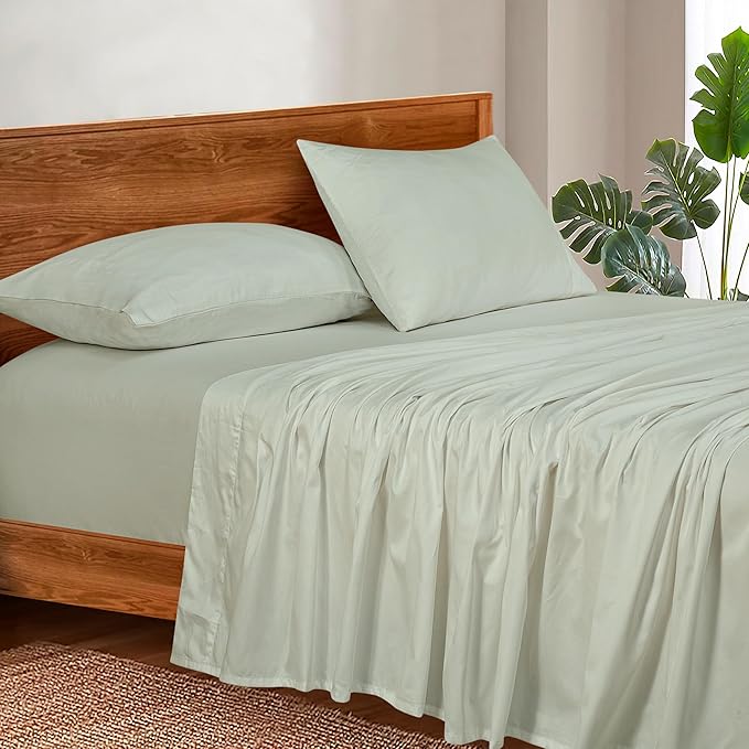 ROYALE LINENS 300 Thread Count 100% Long Staple Combed Cotton Sheet Set - 4 Piece Queen Bed Sheets - 1 Fitted, 1 Flat & 2 Pillow Cases - Soft Cool & Crisp Sheet Set (Queen, Sage)