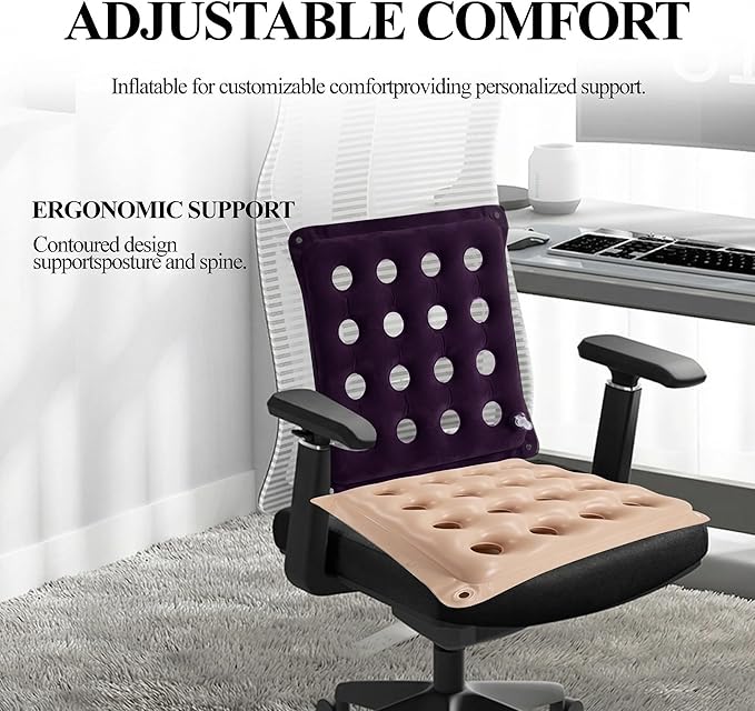 2 PCS Inflatable Seat Cushions, Pressure Relief Waffle Cushion for Pressure Sores Chair, Comfortable Long Sitting Air Cushion, Fit for Office Chair and Wheelchair use (Cream and Purple)