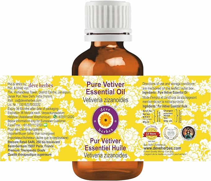 Deve Herbes Pure Vetiver Essential Oil (Vetiveria zizanoides) Steam Distilled (Pack of Three) 100ml X 3 (10 oz)