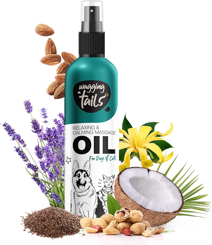 Wagging Tails Relaxing & Calming Massage Oil for Dogs and Cats | Pure Essential Oil Blend with Lavender & Almond Oil | Nourishing Skin & Shiny Coat, Promotes Relaxation for Pets 6.76 fl oz