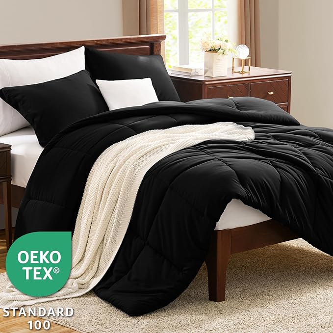 CozyLux Oversized King Comforter Set, 3 Pieces Black 120x98 Box Stitched Design Soft Bedding Set, All Season Lightweight Breathable Bed Set with 1 Down Alternative Comforter and 2 Pillow Shams