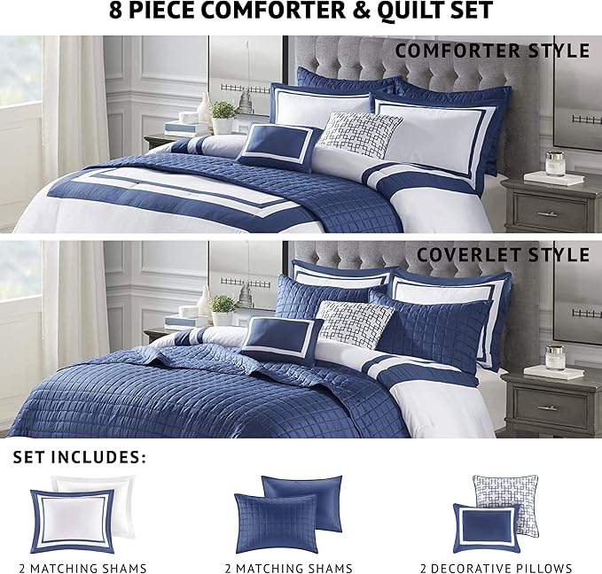 Madison Park Heritage Comforter Quilt Combo Set - Modern Luxury Design, All Season Down Alternative Bedding, Matching Shams, Decorative Pillows, Full/Queen(90"x90"), Color Block Navy 8 Piece