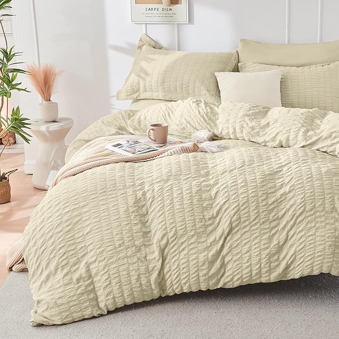 HYMOKEGE Oatmeal Full Size Comforter Sets Seersucker 7 Pieces, All Season Luxury Bed in a Bag for Bedroom, Bedding Set with Comforter, Sheets, Pillowcases & Shams