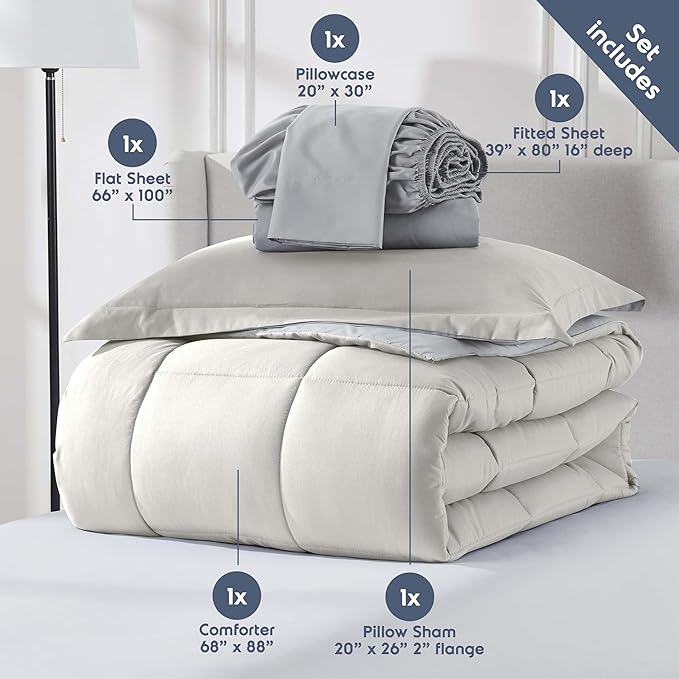 Nestl 7 Piece Twin XL Comforter Set – Off White Reversible Bed in a Bag – Complete Twin XL Size Bedding Set with Sheets, Set of 2 Down Alternative Pillows, Pillowcase and Sham