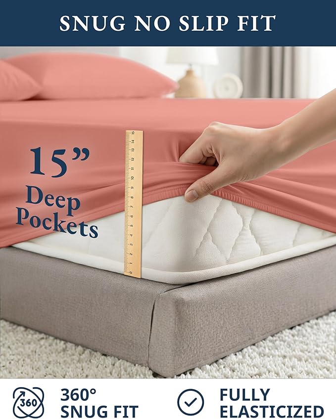 LANE LINEN 100% Organic Cotton Full Sheets Set, 4-Piece Pure Organic Cotton Percale Sheets, Long Staple Cotton Sheet, Ultra Soft Bedding Sheets, Breathable,Fits Mattress Upto 15" Deep - Rose Dawn