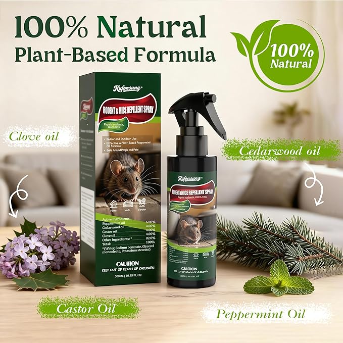 Peppermint Oil Spray for Rodents-Rodent Repellent for Car Engines,Repel Mouse/Mice/Squirrel for Indoor&Outdoor,Natural&Plant Based,300ml