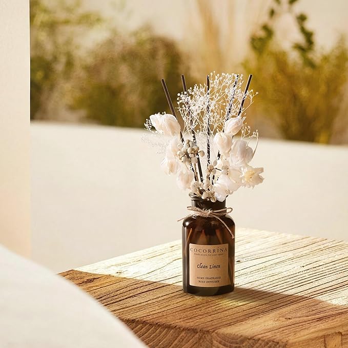 Cocorrína Reed Diffuser Set, 6.7oz Flower Reed Diffuser with Real Preserved Flowers - Clean Linen Scented Oil & Sticks - Long Lasting Home Fragrance for Bedroom Bathroom Shelf Decor