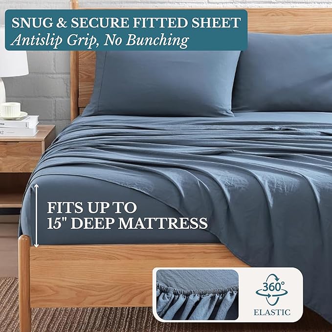 Casa Platino Queen Bed Sheets Set, Ultra Soft & Cozy Queen Sheet, Pre Washed Brushed Microfiber Bed Sheets Queen, Deep Pocket Sheet Sets Queen Size Fits 8 to 15 inch Deep Mattress- Estate Blue