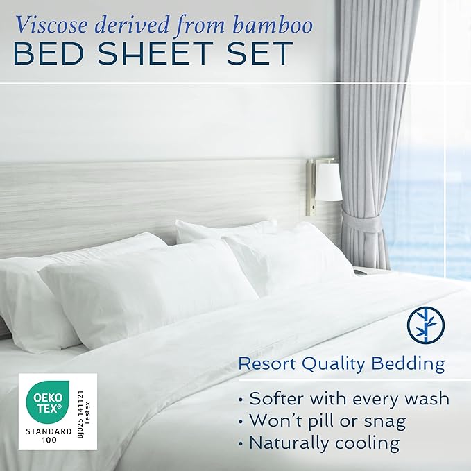 Hotel Sheets Direct 4 Piece Bed Sheet Set California King Size, 100% Viscose Derived from Bamboo Sheets Set with 2 Pillowcases, Cooling & Breathable Luxury Bedding, Moisture-Wicking & Silky Soft, Sand