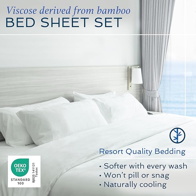Hotel Sheets Direct 4 Piece Bed Sheet Set Queen, 100% Viscose Derived from Bamboo Sheets Set with 2 Pillowcases, Cooling & Breathable Luxury Bedding, Moisture-Wicking & Silky Soft Texture, Navy Blue