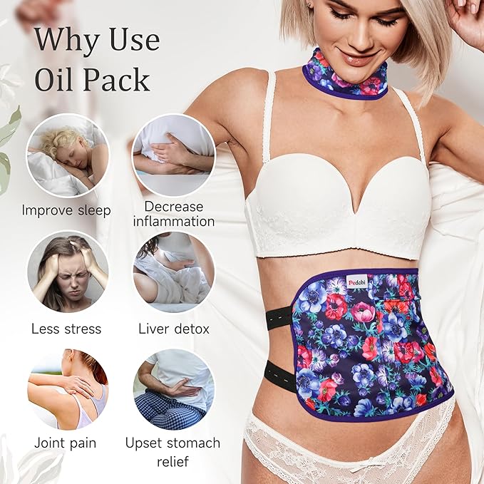 Reusable Castor Oil Pack Wrap for Liver Detox, Castor Oil Wrap for Stomach Less Mess, Elastic Strap Bamboo Cotton Machine Washable Anti Oil Leak 2pcs, Red Flower