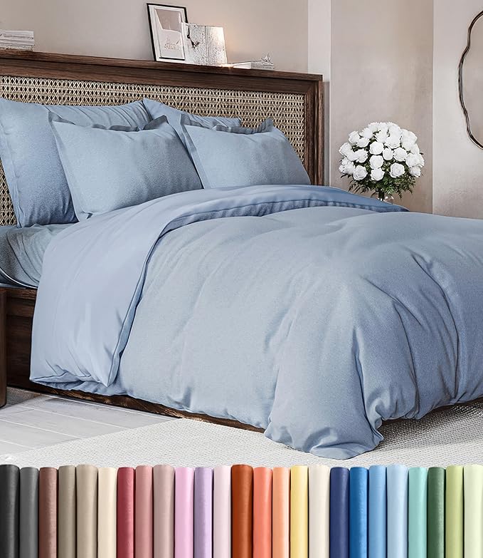 Duvet Cover Cal King Size Set - Extra Soft Cal King Duvet Cover 104" x 98" with 2 Pillow Shams - Hotel Luxury, Easy Care & Fade Free w/ Zipper Closures & Ties - Comfy and Breathable (Heathered Blue)