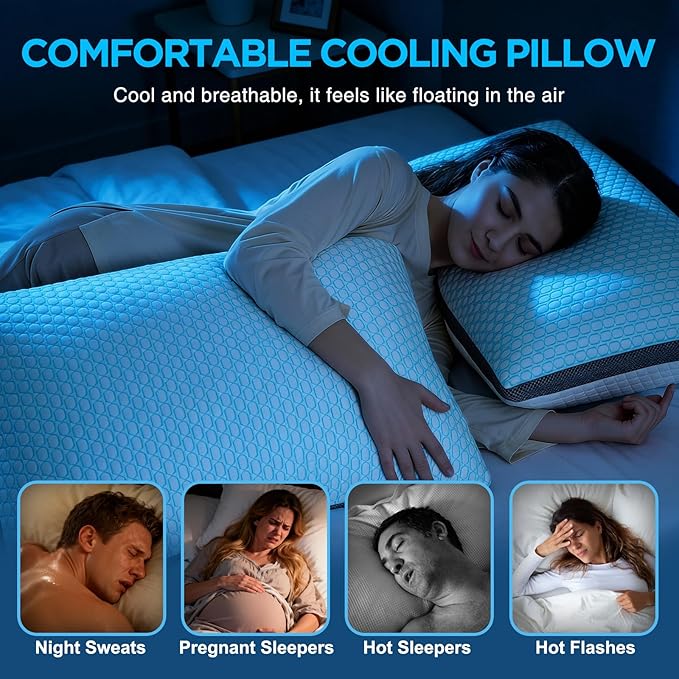 Cooling Pillows Queen Size Set of 2, Shredded Memory Foam Pillows 2 Pack, Bed Pillow for Hot Sleepers Adjustable Firm Pillow for Side, Back and Stomach Sleepers, Machine Washable