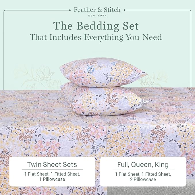 Feather & Stitch Softest 100% Cotton Sheets, 300 Thread Count Percale Weave Bedding, 16" Deep Pocket, Cooling Sheets, Breathable Bed Set, Hotel Premium Quality (Full, Victorian Floral)