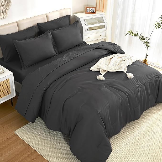 Litanika Oversized King Comforter Sets Dark Grey - 7 Pieces Bed in a Bag Oversized King Bedding Comforter Sets, Solid Lightweight Bed Set with Comforter, Sheets, Pillowcases & Shams