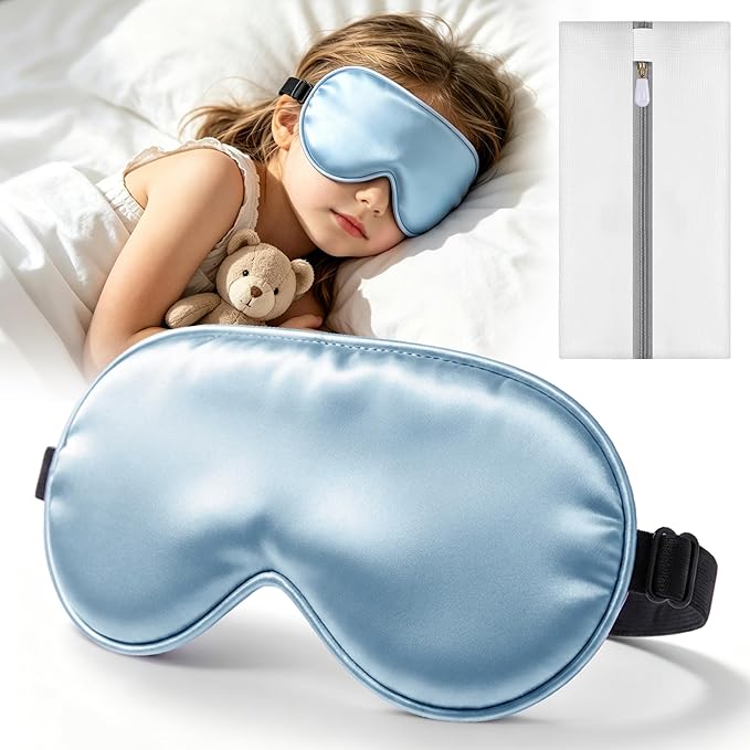 Kids Sleep Mask Eye Cover, Silk Sleeping Mask for Kids, Soft Blackout Blindfold Eye Mask with Adjustable Strap & Laundry Bag for Easy Washing, Gift for Girls Boys Ages 5-15 (Blue)