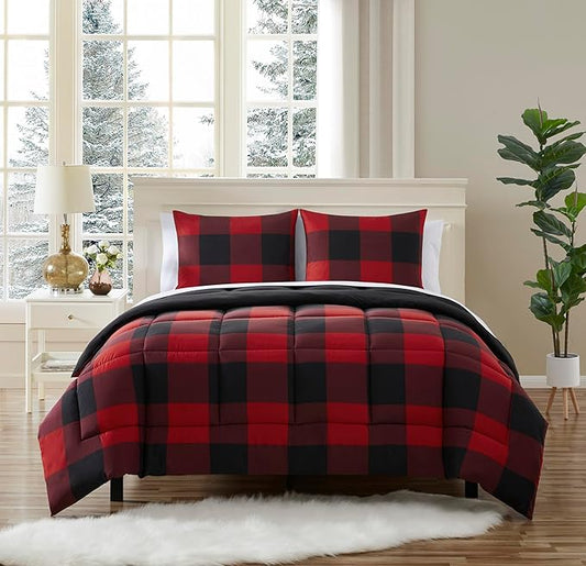 7 Piece Comforter Set Bag Solid Color All Season Soft Down Alternative Blanket & Luxurious Microfiber Bed Sheets, Queen, Buffalo Plaid Burgundy/Black